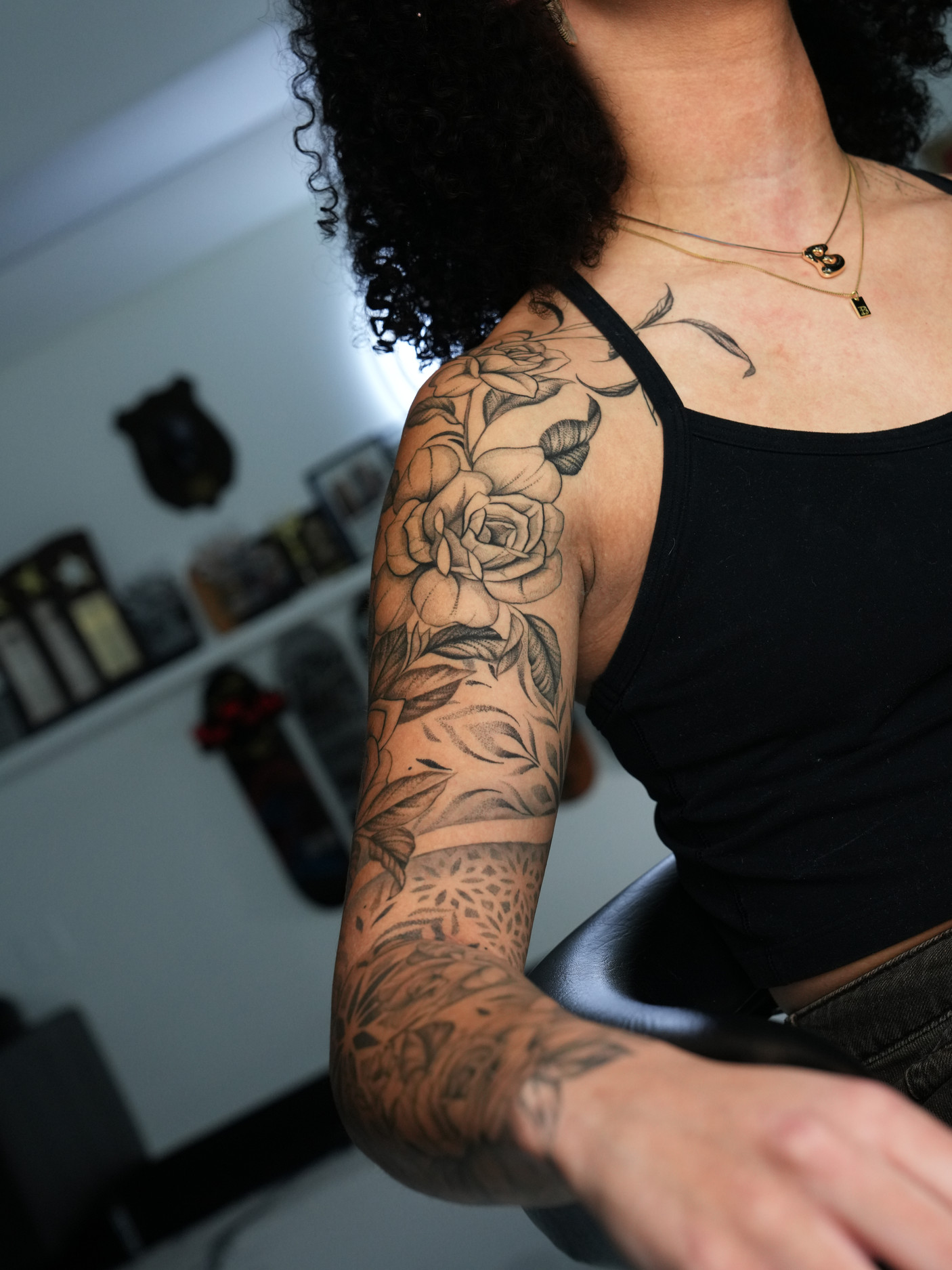 Fine line floral peony botanical arm sleeve tattoo